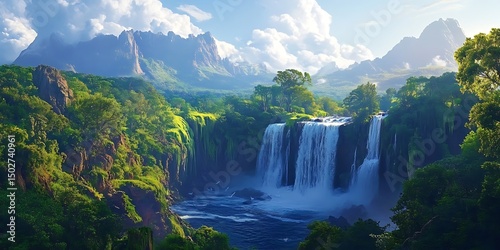 Stunning Waterfall Landscape Lush Forest Mountains