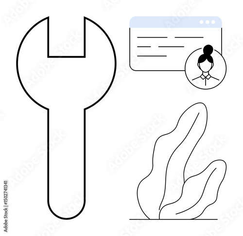 Wrench tool conveys fixing or customization, alongside browser interface with user profile and organic leaf pattern. Ideal for technology, user management, repair, service, productivity, settings