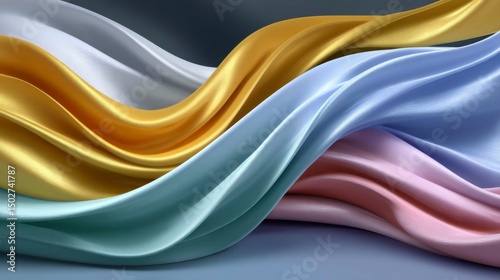 Colorful Satin Ribbons flowing in elegant waves, soft fabric textures with a glossy finish and vibrant hues