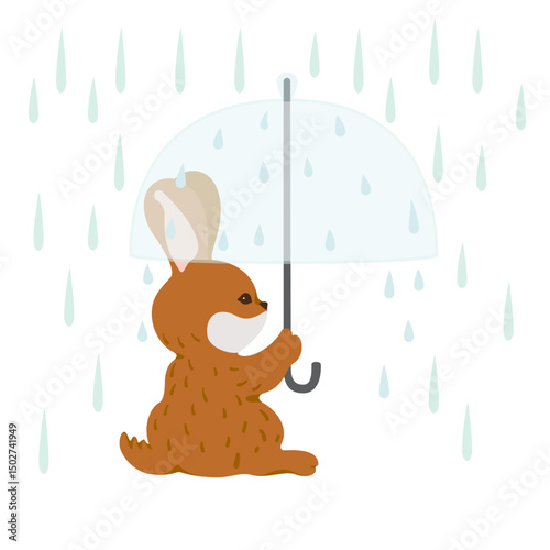 A cute brown rabbit is sitting under a clear umbrella in the rain. Lovely and calm vector cartoon illustration. Suitable for rainy season theme, children's content, or storybook style design.
