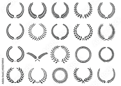 Collection of different black and white silhouette circular laurel foliate and oak, wreaths depicting an award, heraldry, achievement, victory, crown, winner, ornate, Vector icon illustration.