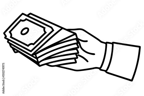 A collection of minimalist business and finance line icons in black outline style. This vector set includes icons of handshakes, giving and receiving money, charity donations, holding coins, financial