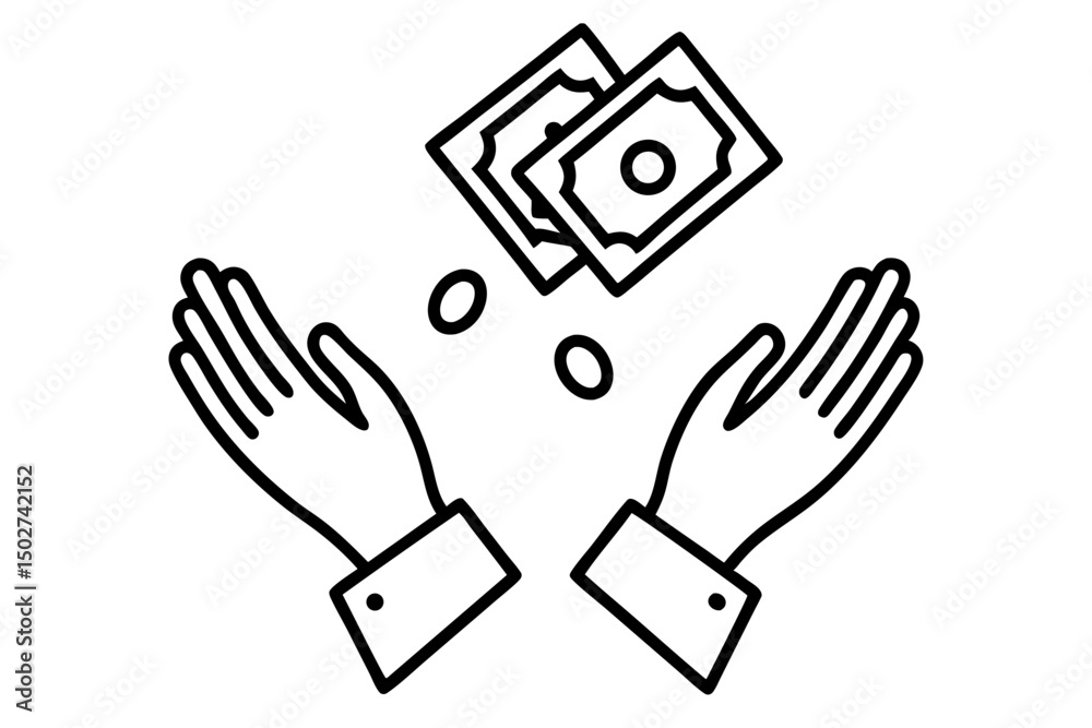 Fototapeta premium A collection of minimalist business and finance line icons in black outline style. This vector set includes icons of handshakes, giving and receiving money, charity donations, holding coins, financial