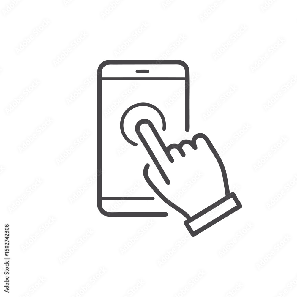 Hand touch smartphone icon in line style. Cursor finger vector illustration on white isolated background. Hand touch screen for app, web design and business concept.