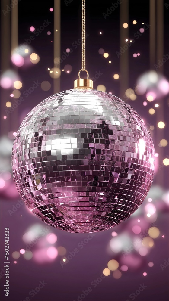 Obraz premium Disco ball with golden chain, dreamy bokeh background with pink and gold lights creating magical party atmosphere for celebration 80's nightlife entertainment and retro dance floor ambiance.