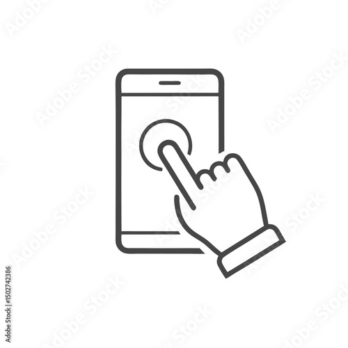 Hand touch smartphone icon in line style. Cursor finger vector illustration on white isolated background. Hand touch screen for app, web design and business concept.