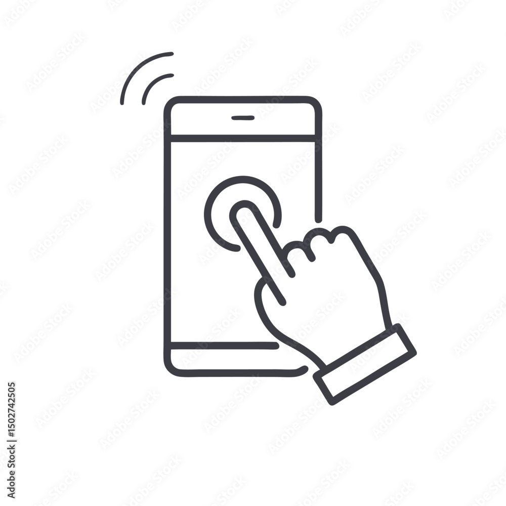 Obraz premium Hand touch smartphone icon in line style. Cursor finger vector illustration on white isolated background. Hand touch screen for app, web design and business concept.