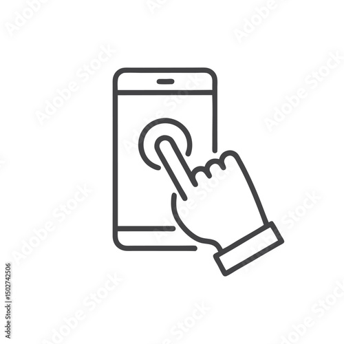 Hand touch smartphone icon in line style. Cursor finger vector illustration on white isolated background. Hand touch screen for app, web design and business concept.