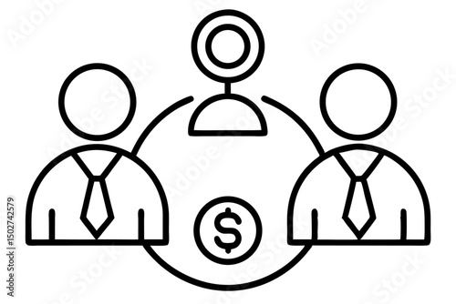 A collection of minimalist business and finance line icons in black outline style. This vector set includes icons of handshakes, giving and receiving money, charity donations, holding coins, financial