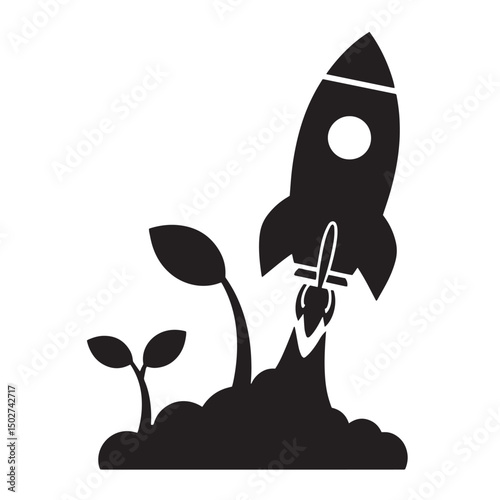 Vector illustration of a rocket launch with growing plants depicting growth and progress