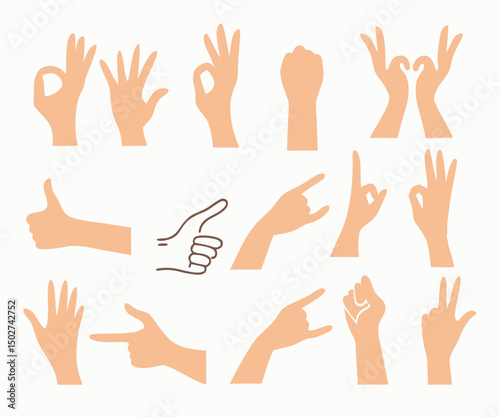 Set of hands showing different gestures isolated on a white background. Vector flat illustration of female and male hands. vector icon illustration