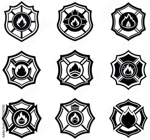 Firefighter Badges Icons Collection Black and White Fire Service Emblems