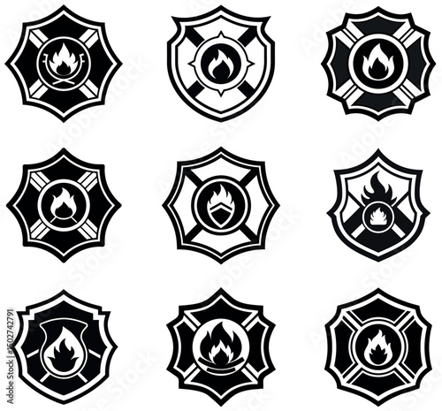 Firefighter Badges Icons Collection Black and White Fire Service Emblems