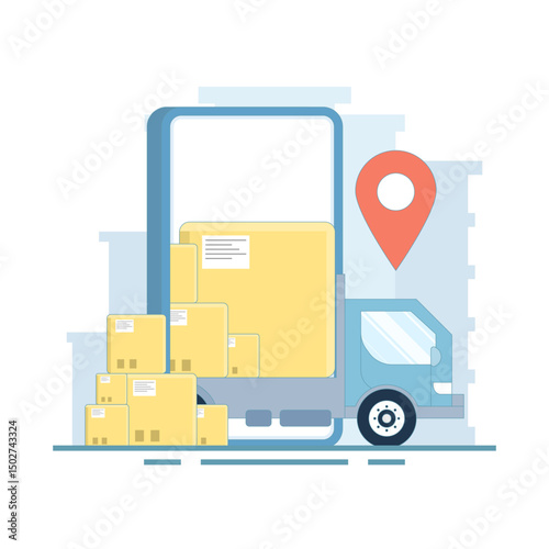 Fast delivery concept design illustration. Free, express, home or fast delivery service with delivery truck. Truck illustration with stack of packages and delivery tracking. Design illustration.