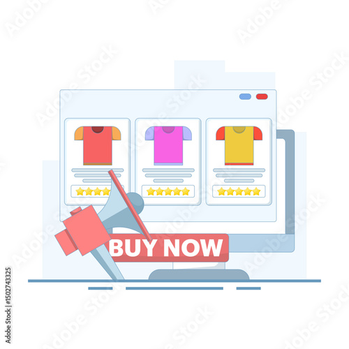 Online Shopping Concept flat illustration. e-commerce, flash sale, discount, cashless payment, digital, shopping with devices and goods on display. flat vector illustration on background.
