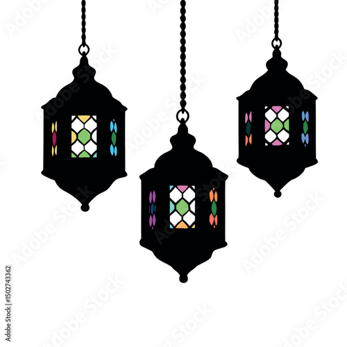 Elegant design of three hanging Ramadan lanterns with multi colored glass details for a festive atmosphere, Ramadan Islamic icon
