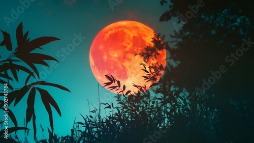 A large red moon is in the sky above a forest. The moon is surrounded by tall trees and the sky is dark