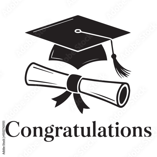 Graduation Line Icon.Graduate cap with slogan congration. Mortar board symbol. Flat vector congratulate or felicitate banner for school or work. Diploma education sign.