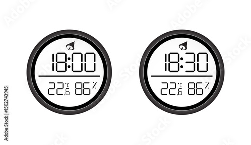 Two sleek black digital weather clocks displaying different times, temperature, and humidity readings against a clean white backdrop for modern indoor climate monitoring
