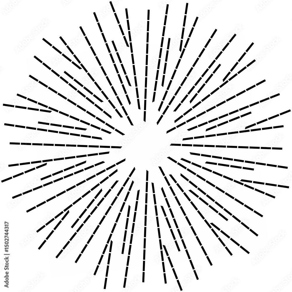 Obraz premium Radiating dotted lines forming a circular starburst pattern on a white background. Minimalist abstract design ideal for backgrounds, digital art, motion graphics