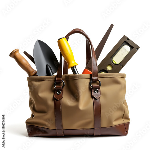 A rugged construction tool bag with handles of trowels, levels, and chisels sticking out, symbolizing readiness for on-site work, realistic detail on white background.