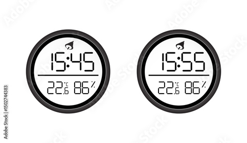 Digital Clock Icons Displaying Time, Temperature and Humidity, Minimalist Black and White Gadget Interface for Home Automation and Weather Monitoring Design Elements
