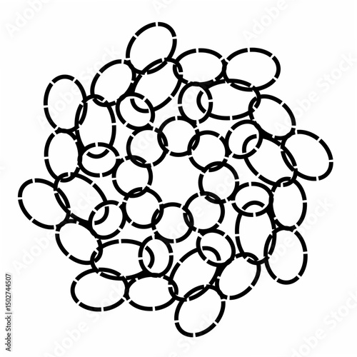 Abstract composition of dashed black elliptical rings arranged in a spiral cluster on a white background. Perfect for modern art, optical illusion themes, digital projects, and creative design use.