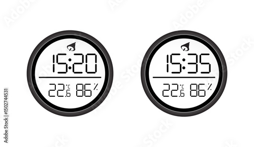 Indoor Environment Monitor Devices Displaying Time, Temperature, and Humidity Levels, Isolated on White Background for Precise Monitoring Applications