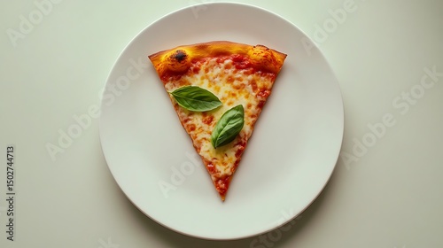 A slice of Margherita pizza with basil leaves on a white plate