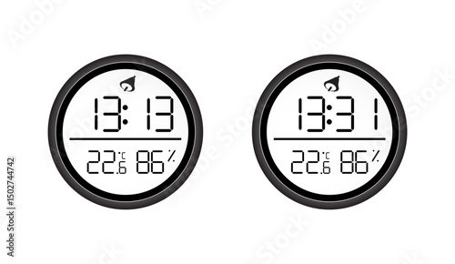 Digital Display: Round Black Thermometer and Hygrometer Showing Temperature and Humidity Levels, Accurate Climate Monitoring Instrument, Indoor Weather Station Tool on White