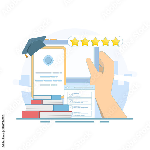 Distance learning concept, Online education discussion, Webinar training program, Online business training, Computer education. Online certification courses. Flat design illustration in the background