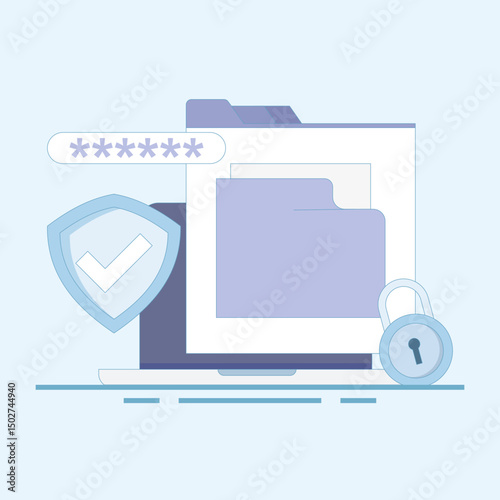 Illustration of locked file folder with password and fingerprint for privacy access. File security and safety. Folder lock app or software. Putting password on document. Flat style illustration.