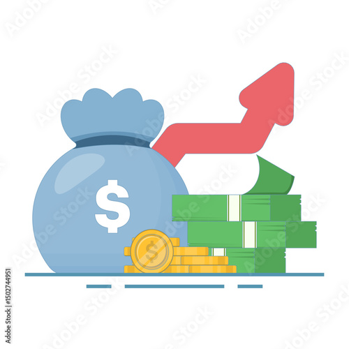 financial growth concept with stacks of coins and dollar bills and money bags. bar chart showing growth, depicting financial success and investment, money investment. Increase in income or profit.