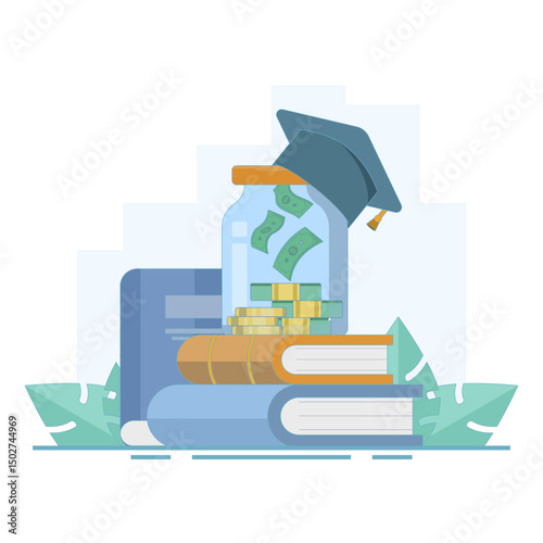 Education money budget concept. Investing money in education, university and college tuition fees. Money for education and knowledge. Financial education. Flat vector illustration on
