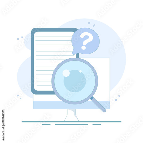 Knowledge Search Concept. Browse information and facts learned. case study, business information search, product feature analysis. Document with magnifying glass. flat design illustration.