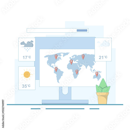 The concept of online weather forecast. Weather with sun, clouds, wind, thunderstorms, rain. Meteorology that studies and researches weather and climate conditions on earth. Meteorology science.