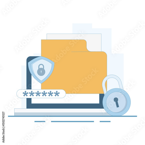 Illustration of locked file folder with password and fingerprint for privacy access. File security and safety. Folder lock app or software. Putting password on document. Flat style illustration.