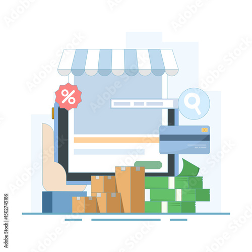 online shopping concept. add to cart and check out with mobile app, commerce, purchase and payment via mobile app. flat vector illustration on background.