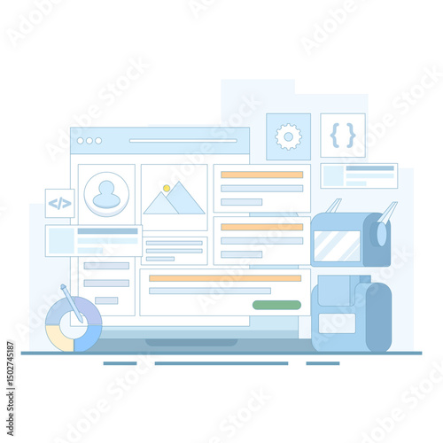 vector illustration of artificial intelligence building a website without code, website design and web development with artificial intelligence technology, AI website builder. flat design illustration