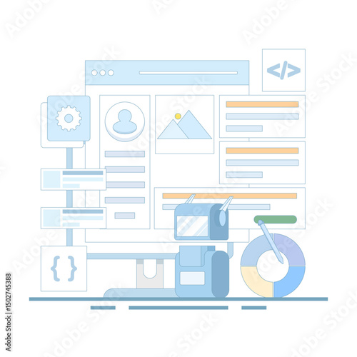 vector illustration of artificial intelligence building a website without code, website design and web development with artificial intelligence technology, AI website builder. flat design illustration