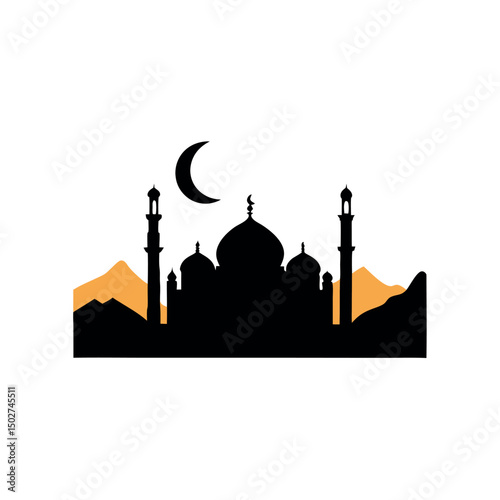 Golden sunset backdrop silhouette of mosque domes, minarets with crescent moon in Islamic cityscape, Ramadan Islamic icon