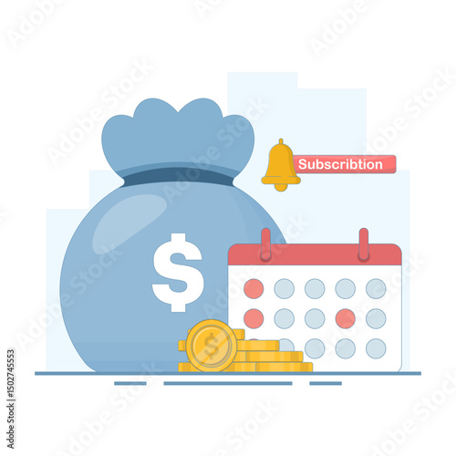 Subscription Payment Concept, Monthly Subscription Auto Renewal. Monthly Subscription Auto Renewal Payment, Recurring Subscription Management. Flat Design Illustration.
