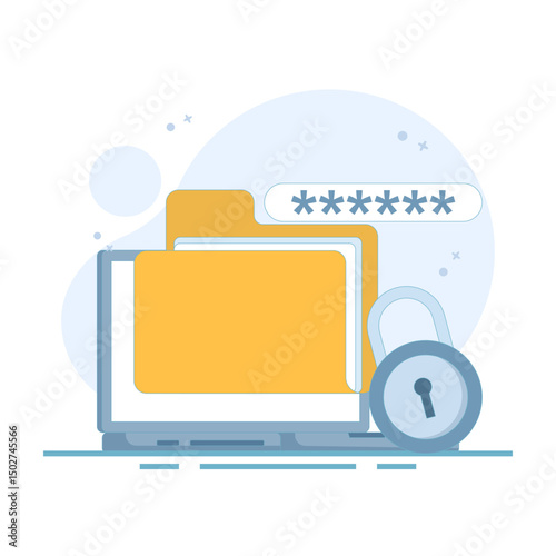 Illustration of locked file folder with password and fingerprint for privacy access. File security and safety. Folder lock app or software. Putting password on document. Flat style illustration.