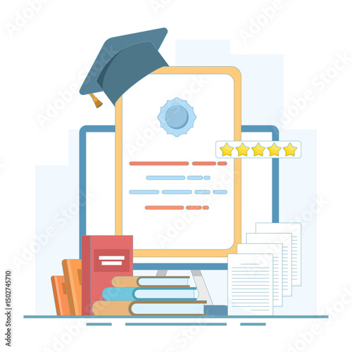 Distance learning concept, Online education discussion, Webinar training program, Online business training, Computer education. Online certification courses. Flat design illustration in the background