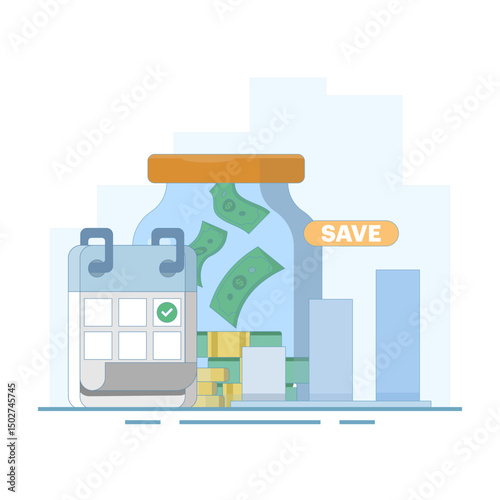 saving and investment concept. saving consistently. saving money. growth, investor, financial investment, dollar jar and calendar. saving regularly. flat design illustration in the background.