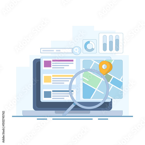 SEO Concept, Search Engine Optimization, Search Engine Result Page with Map for Business. Search Engine Map, Search Engines Display Business Locations in Search Results. Organic SEO.