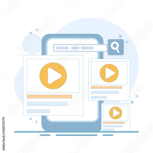 Online video concept. Video window device. Video player for streaming online movies and media, video clips and internet tube. Flat design illustration on background.