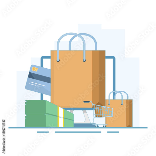 E-commerce concept. Computer and shopping bag are symbols of online shopping. E-commerce online shopping via mobile phone. Making purchases using mobile applications. Flat design illustration.