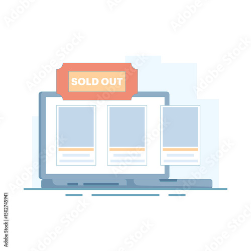 No ticket concept. Sold out event. Find popular events, Sold out tickets, full venue, overbooked, very popular festival, popular show, Online booking system. Flat vector illustration on background.