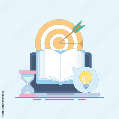 Self-development concept. Self-improvement. Self-study, online education, e-books, distance learning. Achieving goals to develop self-skills. Flat design illustration on the background.